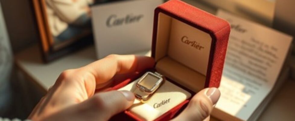 Close-up of a woman placing a Cartier bracelet into a jewelry box, with a nostalgic atmosphere.